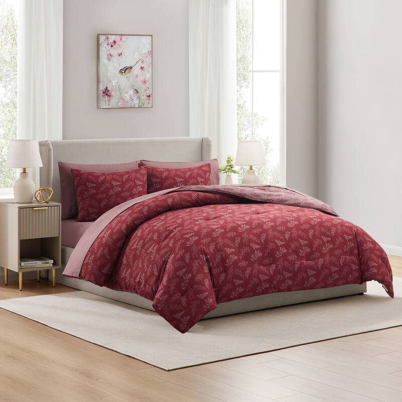 Empyrean 7 Pc Botanical Comforter Set with Sheets, Soft Breathable Lightweight Bedding Bag - Mulberry/Smoky Lavender - Queen