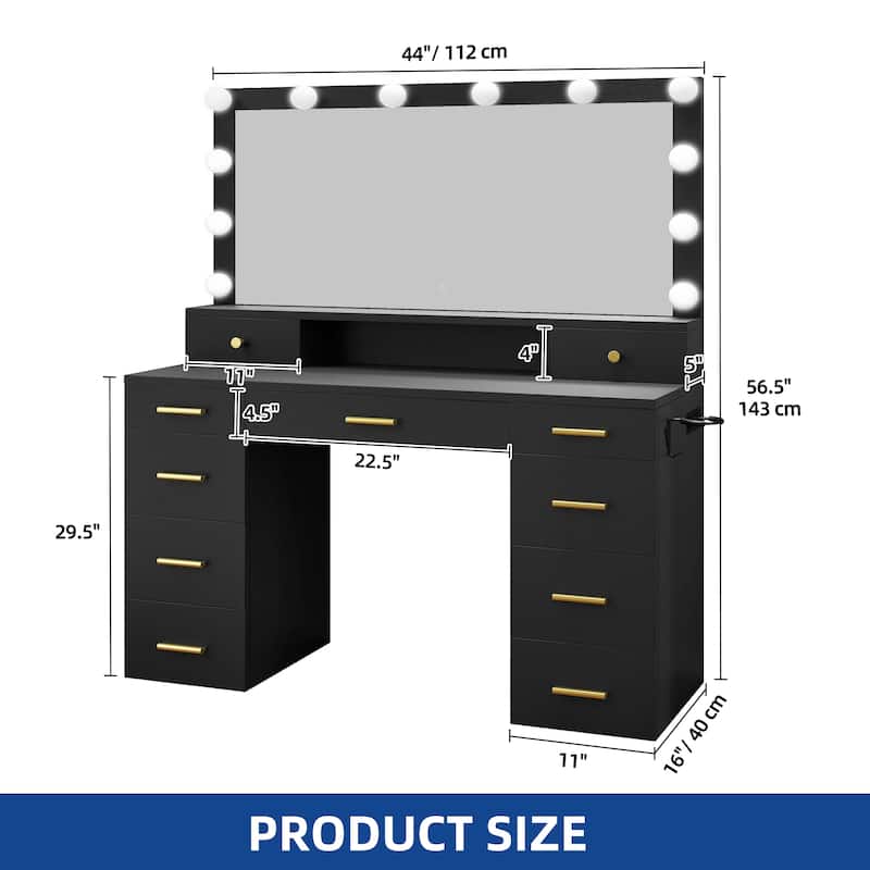 Moasis Large White Vanity Desk with 11 Drawers Mirror Lights USB and Type C Ports for Bedroom