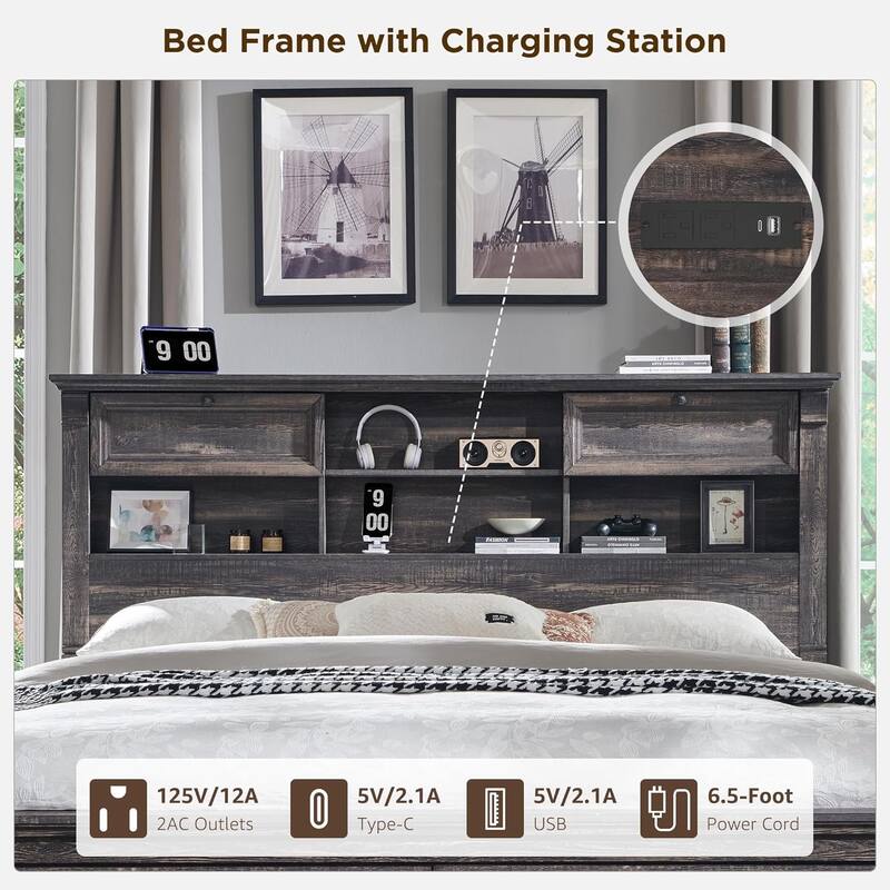 Farmhouse King Size Bed Frame with 54" Tall Storage Bookcase Headboard