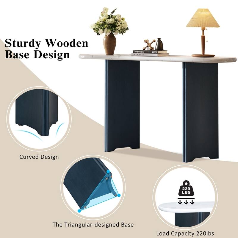 Rustic Sofa Table Narrow Console Table with Oval Faux Marble Top