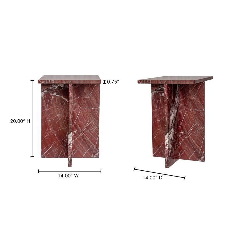 NADAAL STUDIOS Indra Accent Table, Square Rosso Levanto Marble, Indoor & Outdoor Use, Red