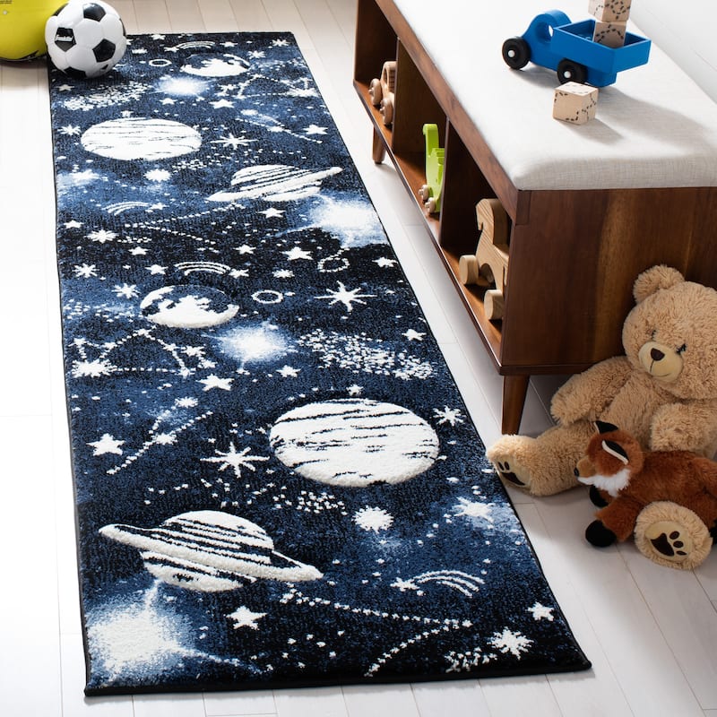 SAFAVIEH Carousel Kids Kyle Solar System Rug - 2' x 8' Runner - Dark Blue/Light Blue