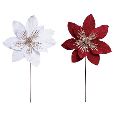Transpac Large Velvety Poinsettia Pick w/Gold Glitz Set of 2 Christmas Home Decorations