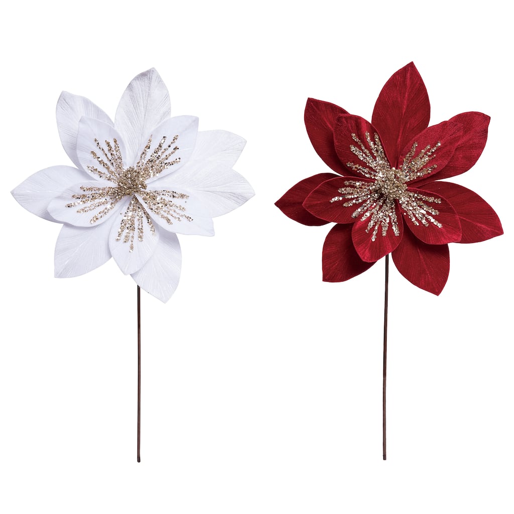 Transpac Large Velvety Poinsettia Pick w/Gold Glitz Set of 2 Christmas Home Decorations