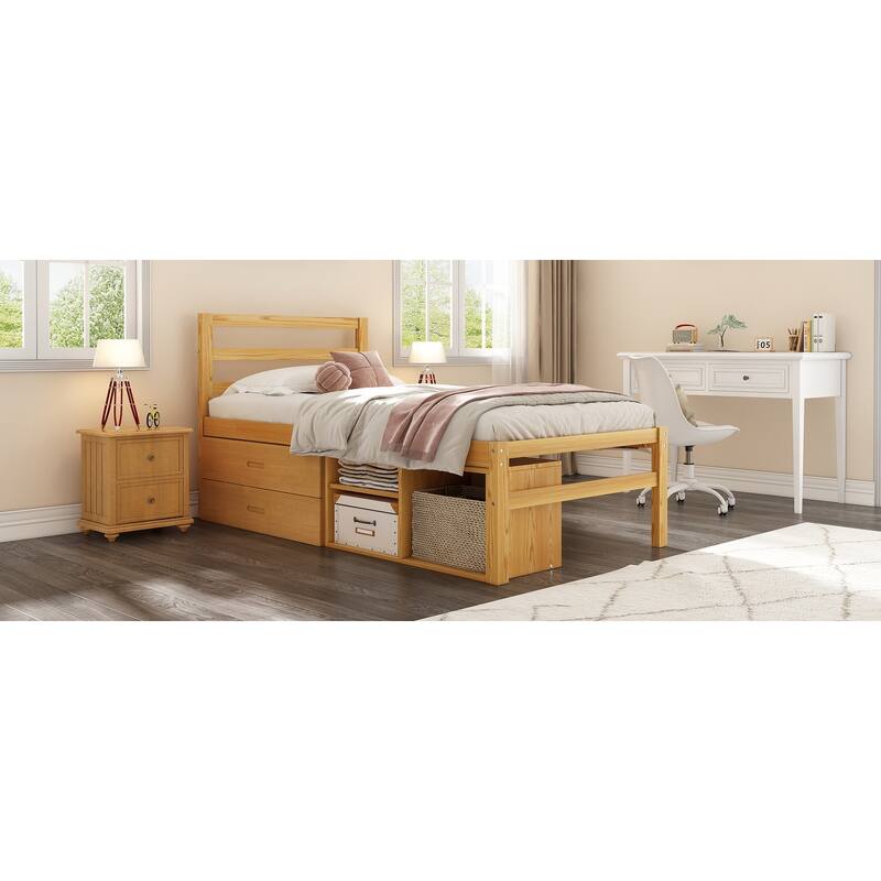 Full Size Solid Wood Bed Frame with Customizable Storage Shelves and Built-In Drawers, No Box Spring Needed