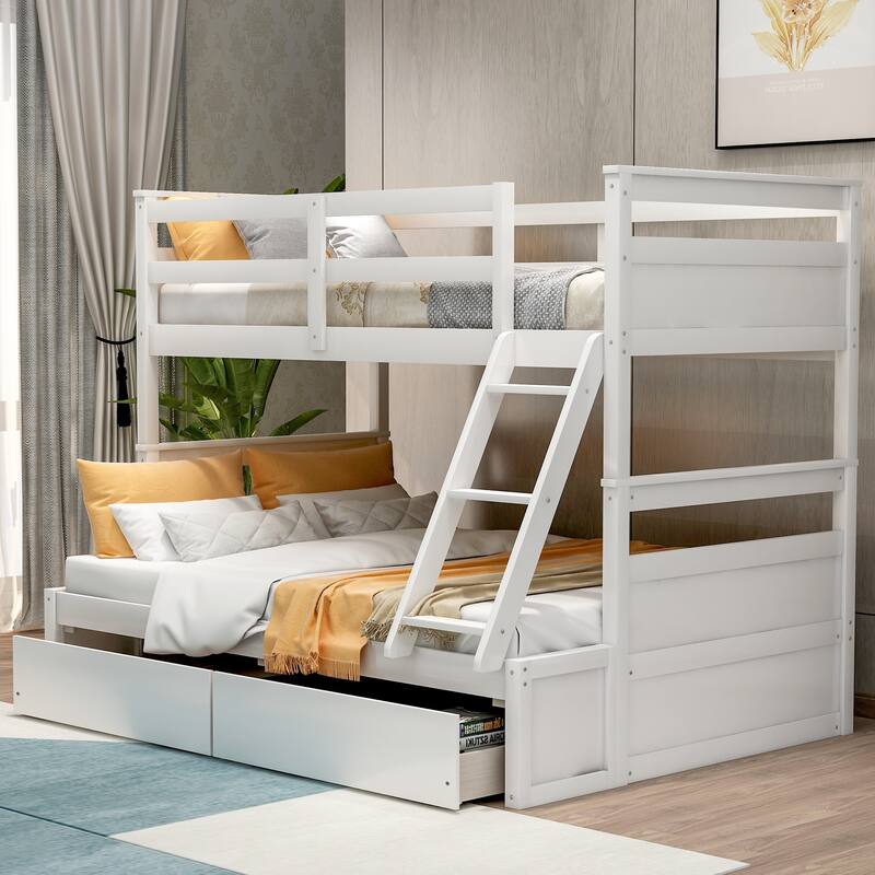 Convertible Wood Bunk Bed with Ladders & 2 Storage Drawers, Solid Wood Detachable Bunkbed Frame, Noise Free, Twin Over Twin Size - White - Full