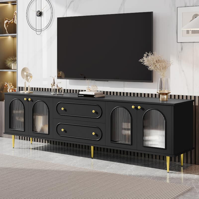 Roomfitters Modern TV Stand for up to 80 Inch TV, Media Console with Fluted Glass Doors, Drawers and Cabinets, Black