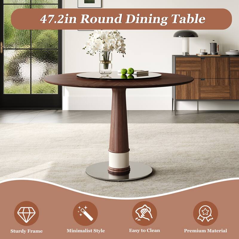 47" Solid Wood Round Dining Table with Tempered Glass Lazy Susan, Retro Style Kitchen Table with Metal Base