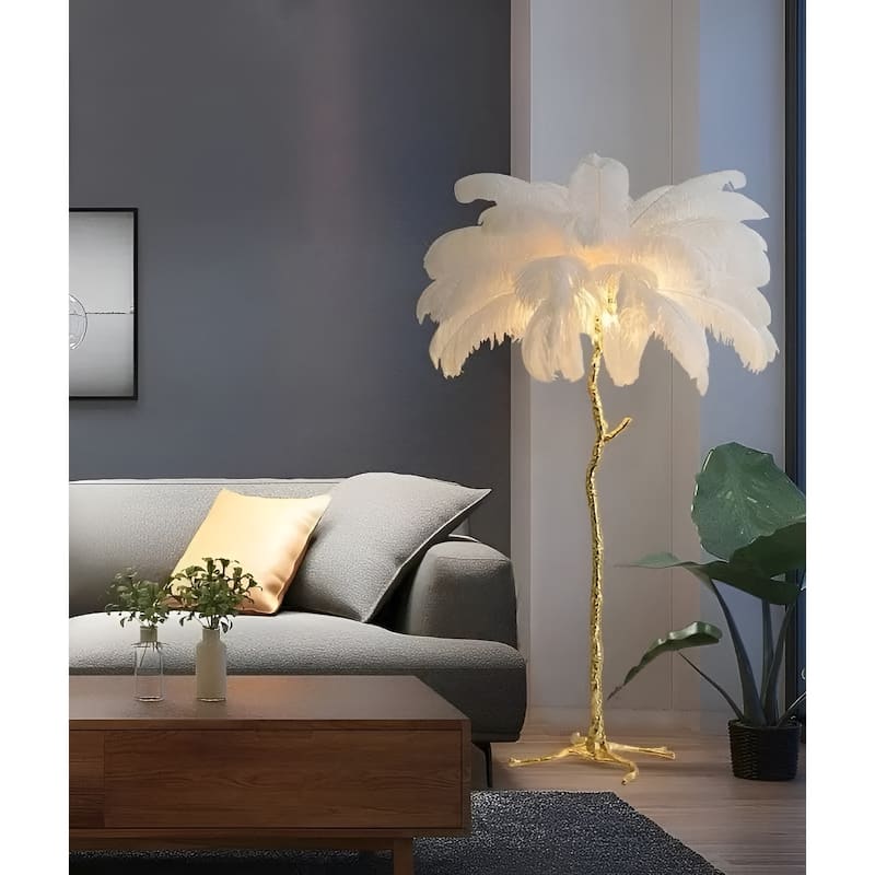 5-Light 35" Wide Novelty Golden Tree Branch LED Floor Lamp with White Ostrich Feather Shades