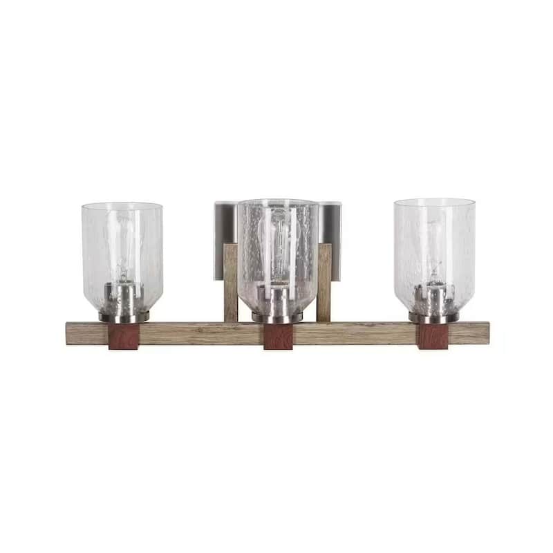 Cresswell 27 inch W Breckenridge 3 Light Bath Vanity Light; Brushed Nickel, Walnut Wood, Clear Seeded Glass - N/A