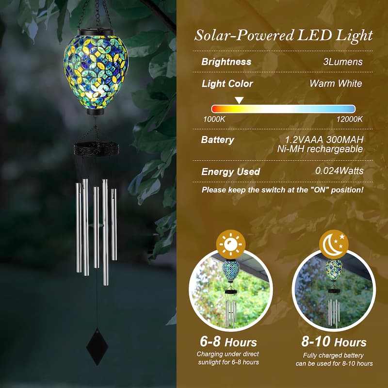 Glitzhome 37"H Solar Lighted Metal and Glass Mosaic Windchime - 37''H