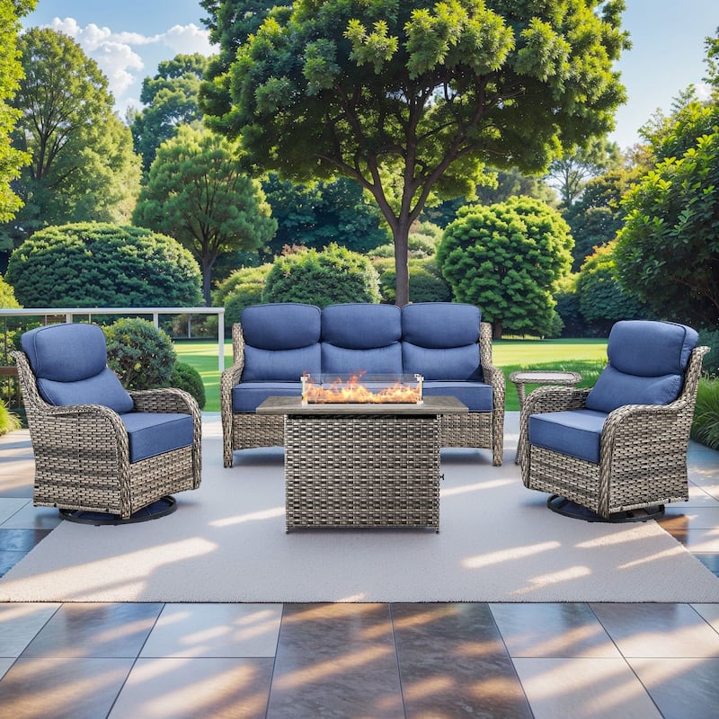 Pocassy 5PCS Outdoor 6Inch Sofa Swivel Chair Table w/ Fire Table - Blue cushion - Gray Wicker