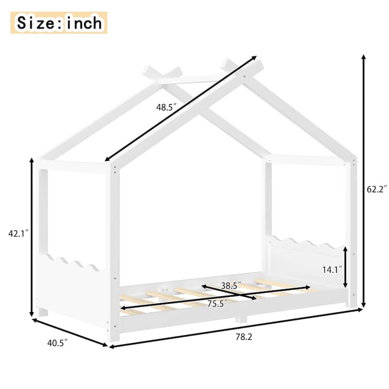 Queen/Full/Twin Solid Wood House Floor Bed, No Box Spring Needed