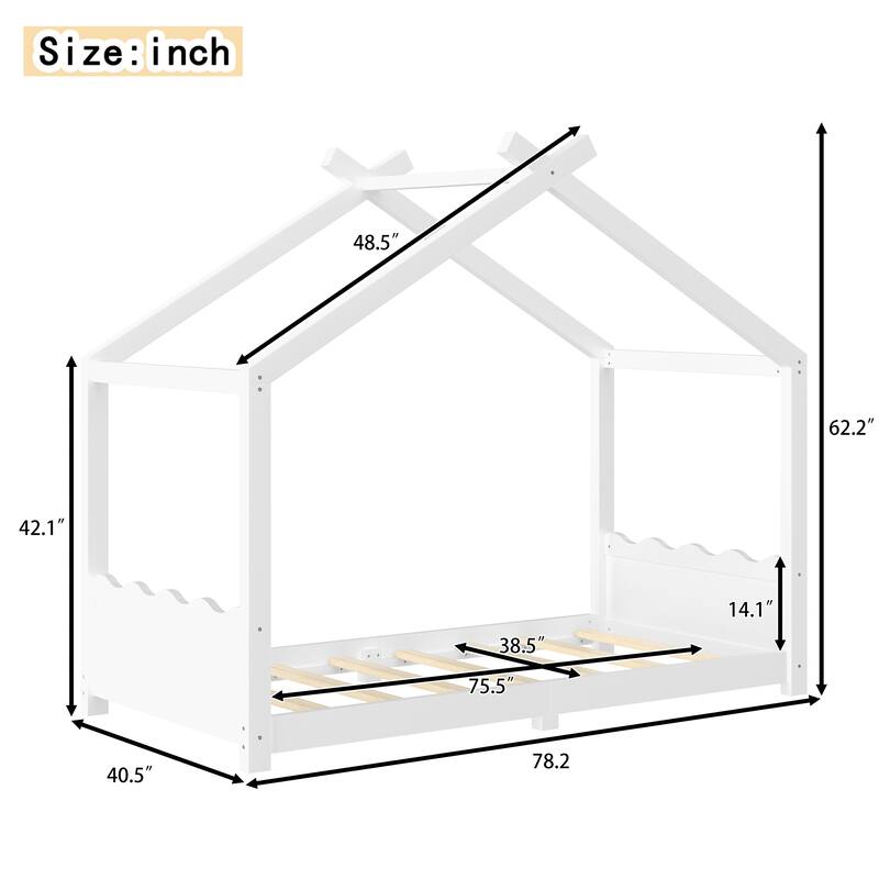 Twin House Floor Bed with Support Slats, Solid Wood House Bed Frame for Kids, No Box Spring Needed and Opening Constructure