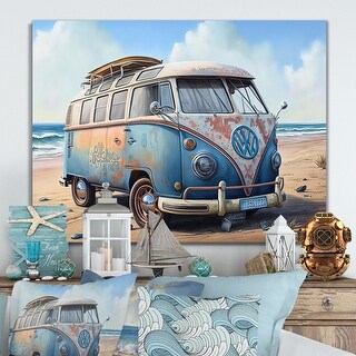 Designart '70S Surfing Van At The Beach III' Beach Canvas Wall Art ...