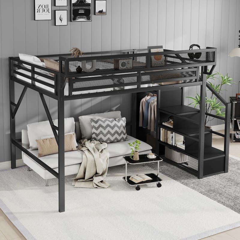 Queen Size Loft Bed with Stairs, Metal Queen Loft Bed with Storage Shelves, High Loft Bed with Wardrobe for Kids Teens Adults