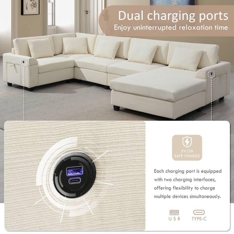 U Shaped Sectional Sofa with Ottoman, Chenille 6 Seater Sofa with Hidden Armrest Storage, Cup Holders & USB Charging Ports