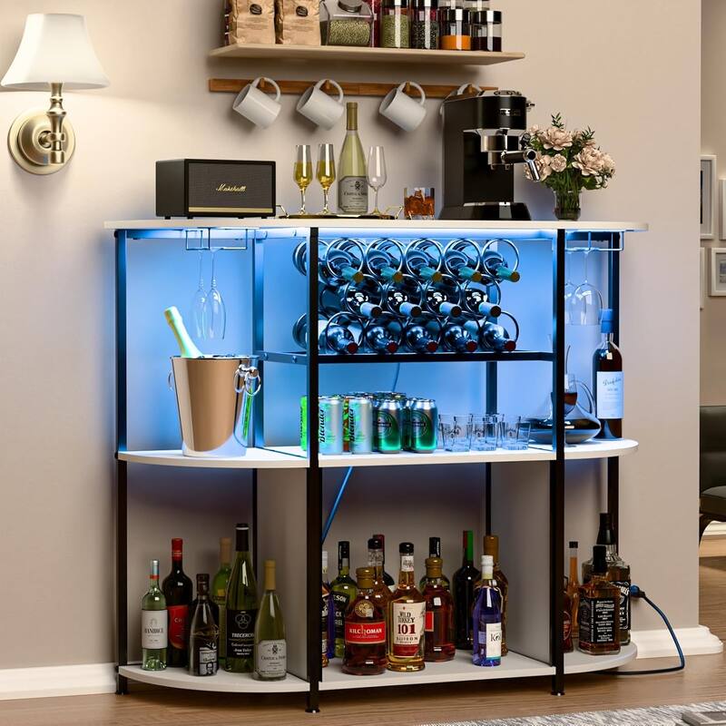 BOSSIN Wine Rack with Power Outlet and LED Lights, Home Bar Table Cabinet for Liquor with Fireplace,4-Tier Storage Glass Holder