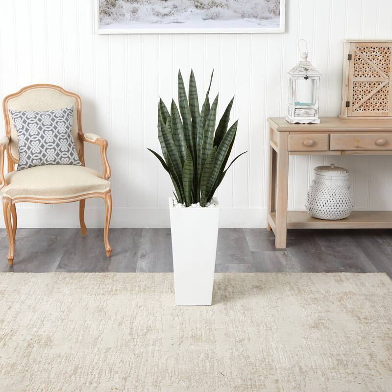 4' Sansevieria Artificial Plant in White Tower Planter - Green