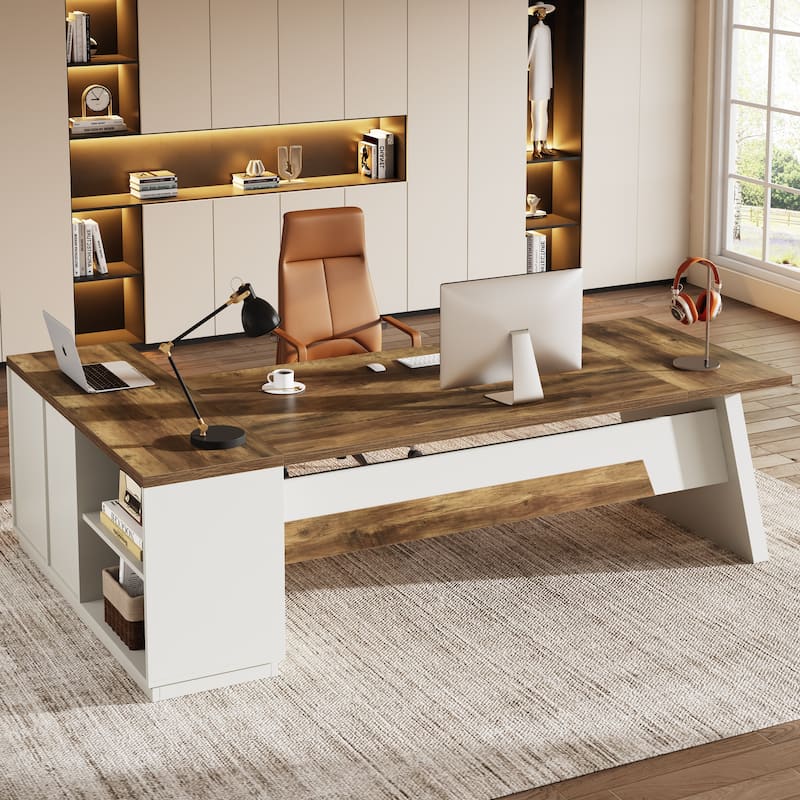 78.7-Inch L-Shaped Executive Desk Computer Desk with File Cabinet - Brown and White