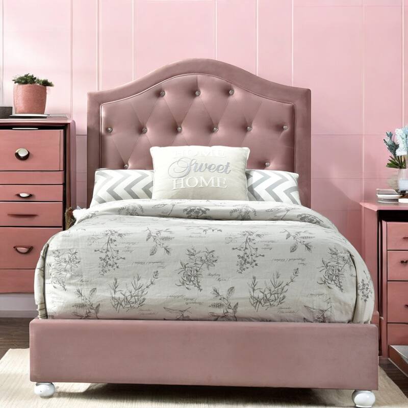 Twin Size Upholstered Platform Bed with Button Tufted Arched Headboard and Wooden Legs, No Box Spring Needed, Pink Fabric Frame - Pink