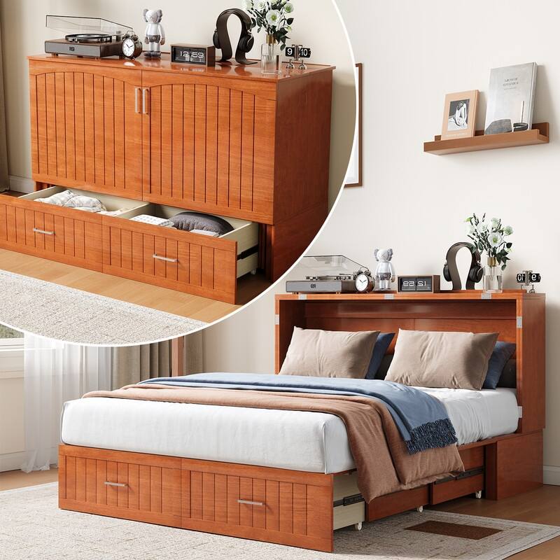 Mixoy Queen Modern Murphy Bed Cabinet with Charge Station,Mattress,Drawers