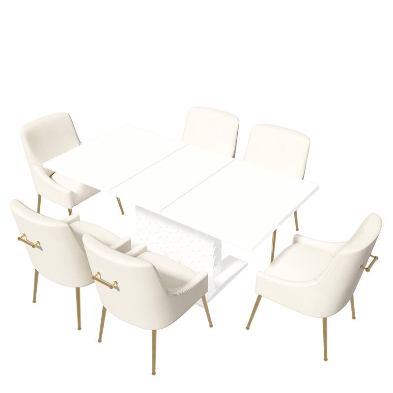 7-Piece Clihome High-gloss Extendable Table Velvet Chair Dining Set