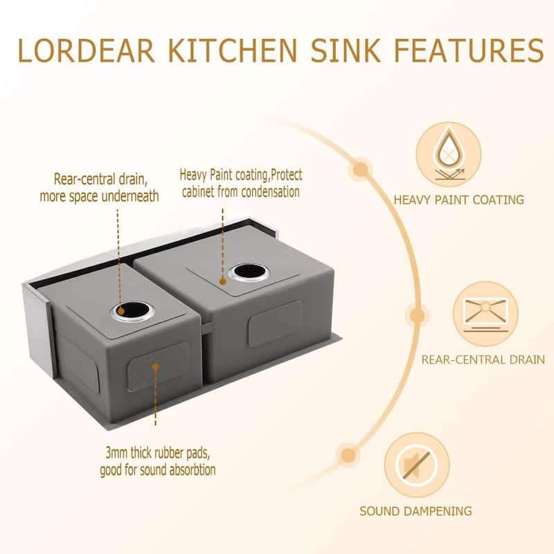 Mother's Day gift: Lordear 33 Inch Kitchen Sink Double Bowl 60/40 Stainless Steel 16 Gauge Round Corner Farm Kitchen Sink