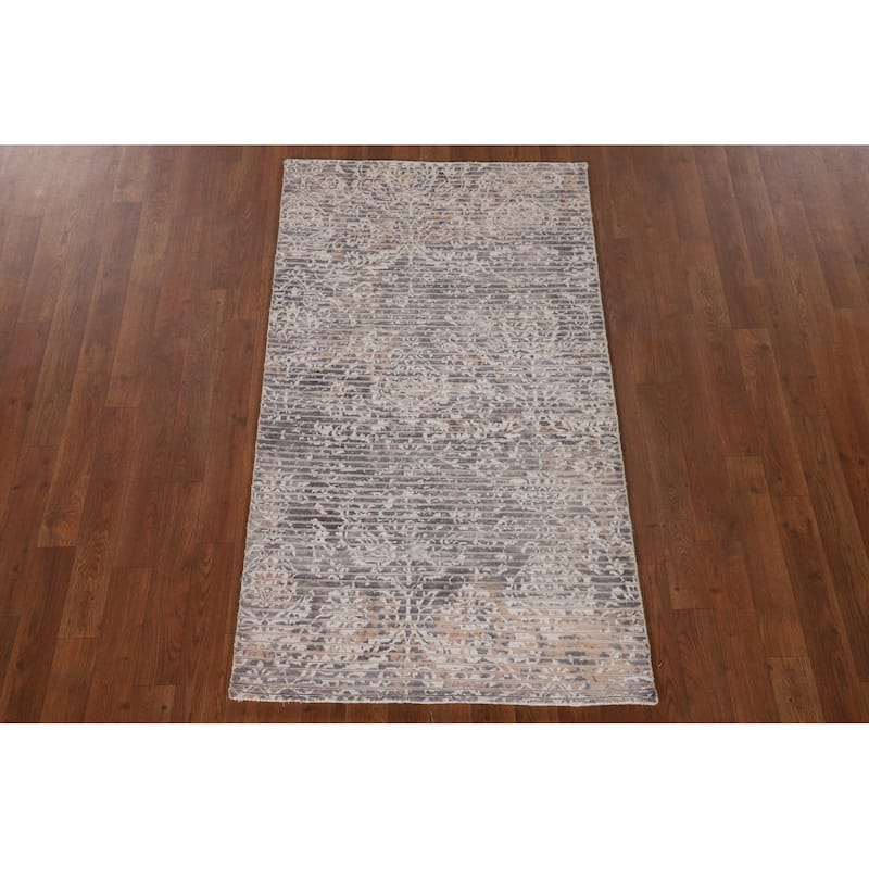 Beige Striped Abstract Oriental Accent Rug Handmade Wool Carpet - 2'9"x 4'10"