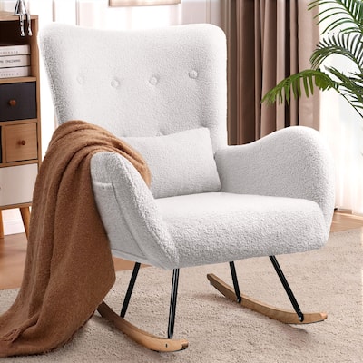 BOSSIN Teddy Fabric Nursery Rocking Chair with Side Pocket, High Backrest Accent Chair with Padded Seat and Headrest