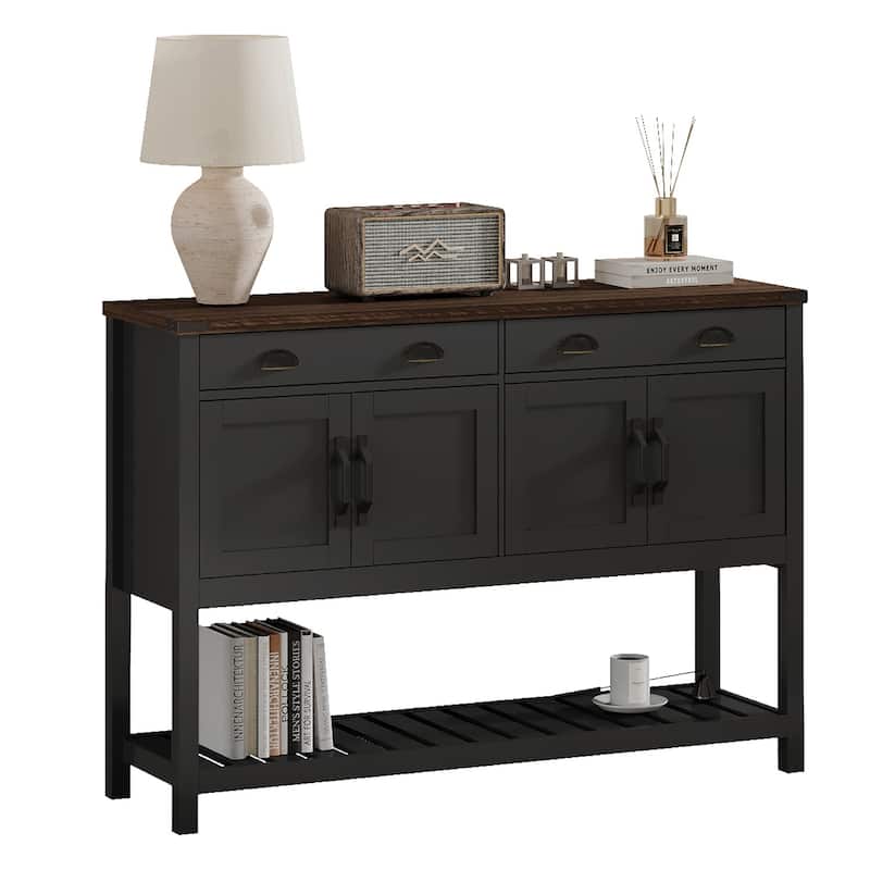 47'' Modern Farmhouse Console Storage Table - Two Drawers,Four-Door Cabinet with Slatted Display Shelf