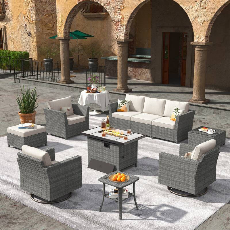 XIZZI 10-piece Outdoor Furniture Set Swivel Rocking Chair with Fire Pit - Beige