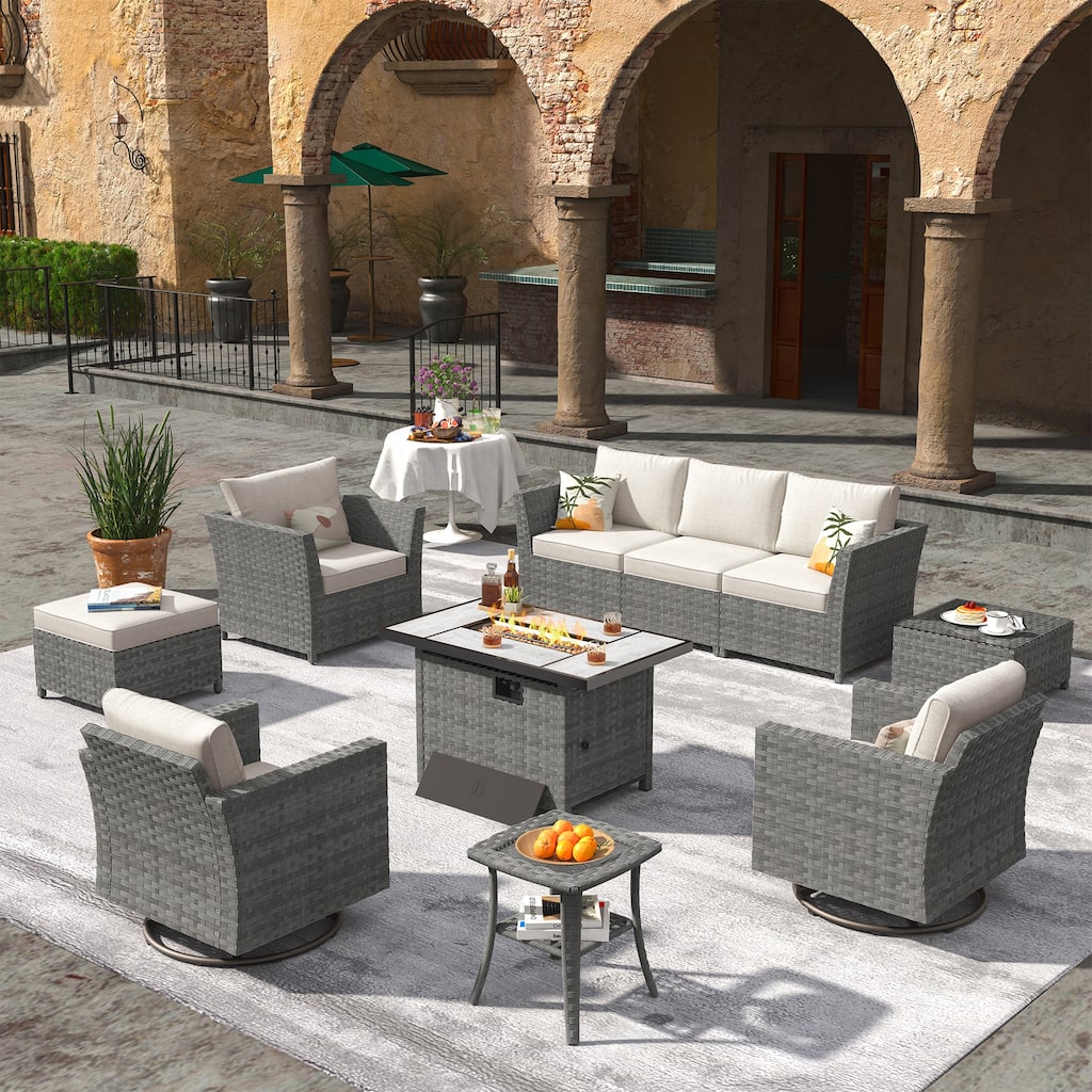XIZZI 10-piece Outdoor Furniture Set Swivel Rocking Chair with Fire Pit