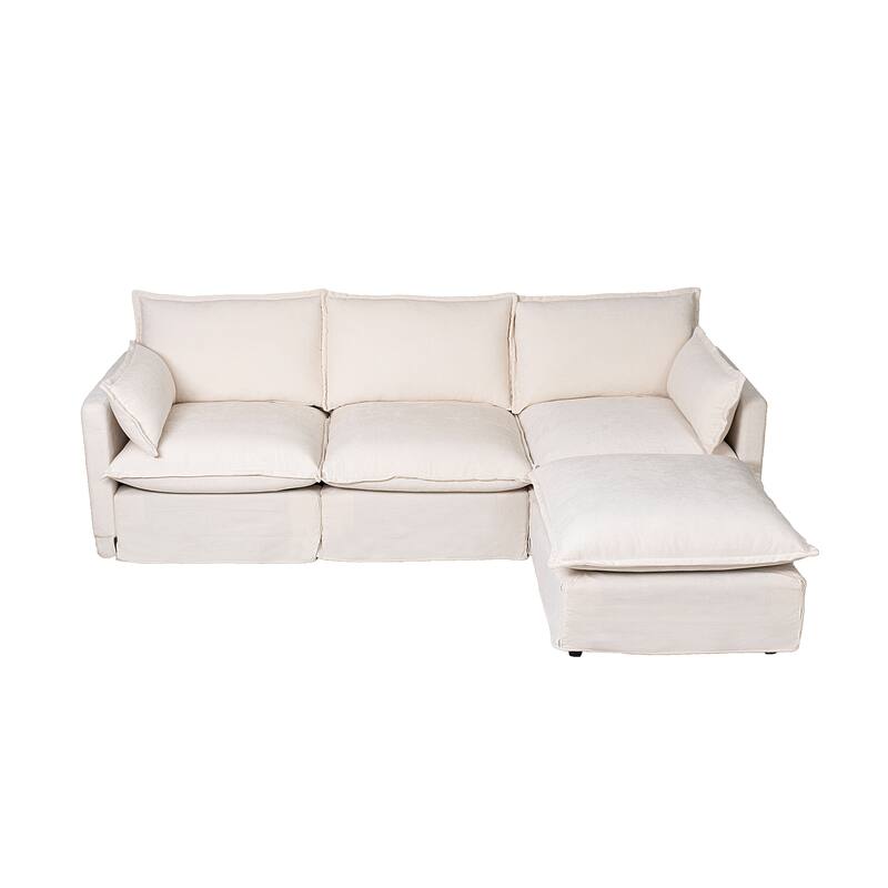 93.31" Linen Modular Sectional Sofa with Movable Ottoman, Solid Wood Frame, and High-Resilience Foam Cushions