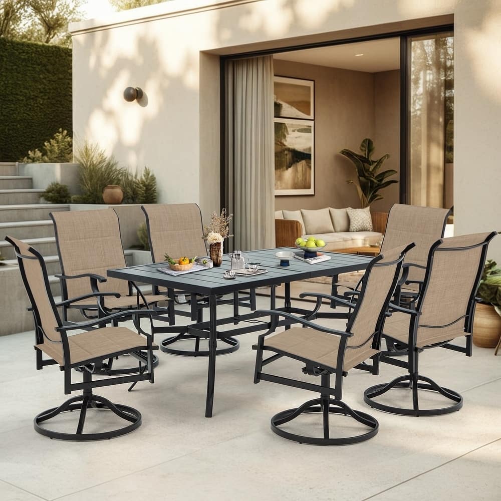 Erommy Outdoor Patio Dining Set with Swivel Rocker Chairs, Metal Table with Umbrella Hole, Patio furniture for Backyard