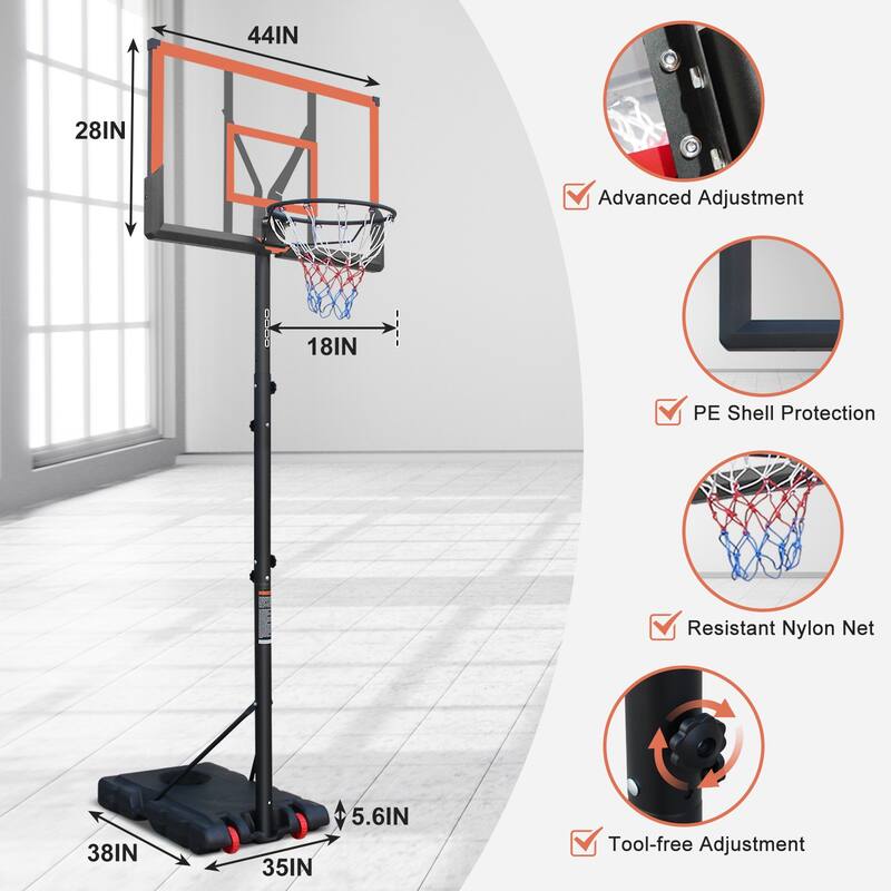 Basketball Hoop 5.73-10FT Height Adjustable Portable Basketball Goal,Basketball Stand 44in Backboard with Wheels Orange