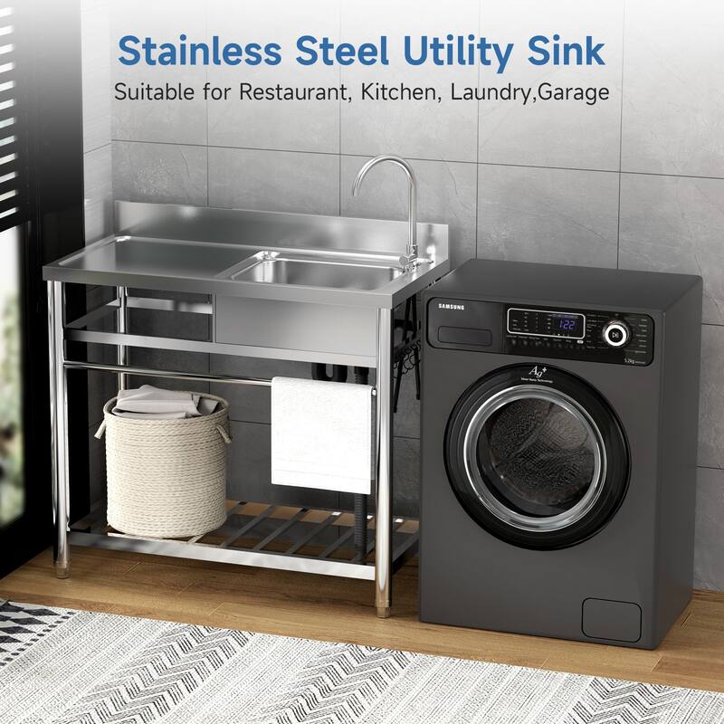 Free Standing Stainless Steel Utility Sink, Commercial Single Bowl Sink Set with Faucet