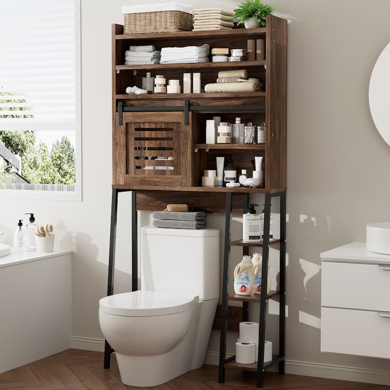 Over The Toilet Storage Cabinet – Farmhouse Storage Cabinet With Sliding Door - Walnut/Black