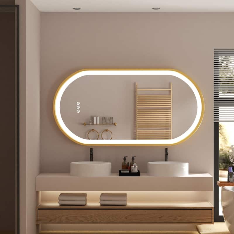 Modern LED Oval Bathroom Mirror Gold Frame Wall Vanity Mirror