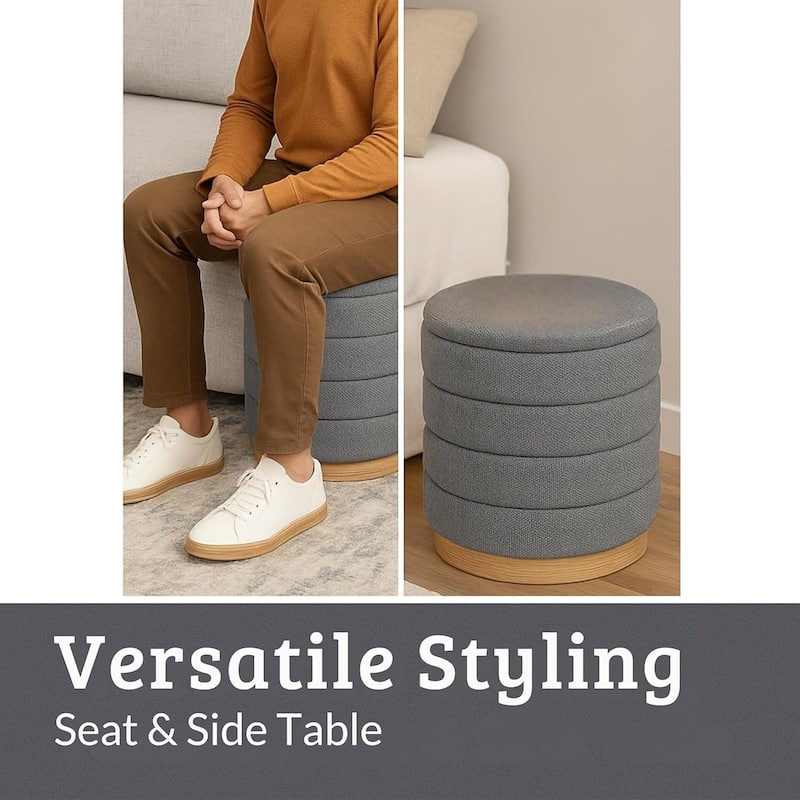 Modern Cylinder Ottoman with Hidden Storage Linen Upholstery Seat