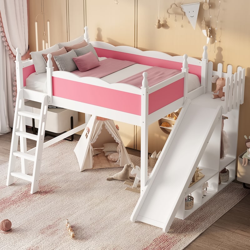 Full Loft Bed with Storage Shelves and Wardrobe, Solid Wood Loft Beds with Detachable Slide and Ladders, No Spring Box Needed - White+Pink