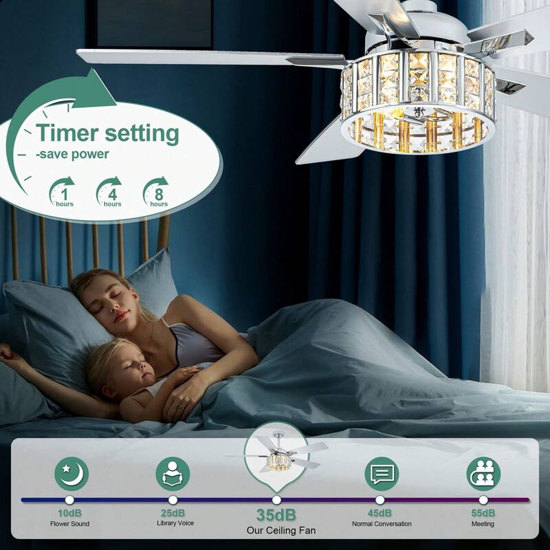 Cusp Barn 52 Inch Chandelier Crystal Modern Chrome Ceiling Fan with Light, Farmhouse Caged DC Motor Reversible Ceiling Fan