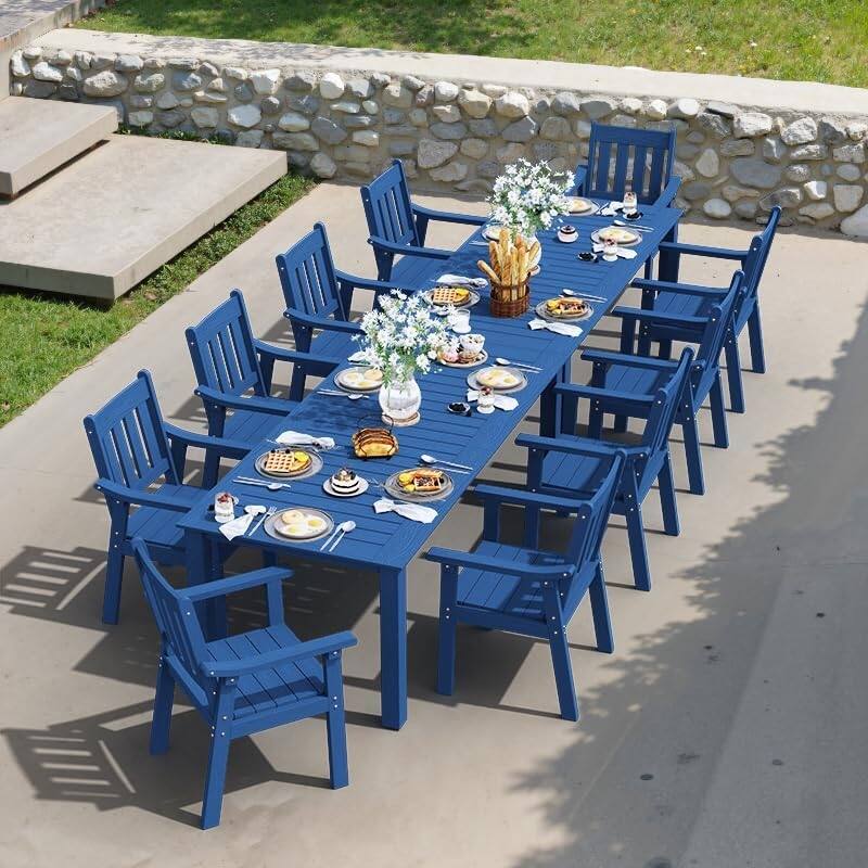 WINSOON 12-Piece HIPS All Weather Outdoor Patio Dining Sets with Umbrella Hole& Aluminum Frame,2-Table 10-Chairs - Navy