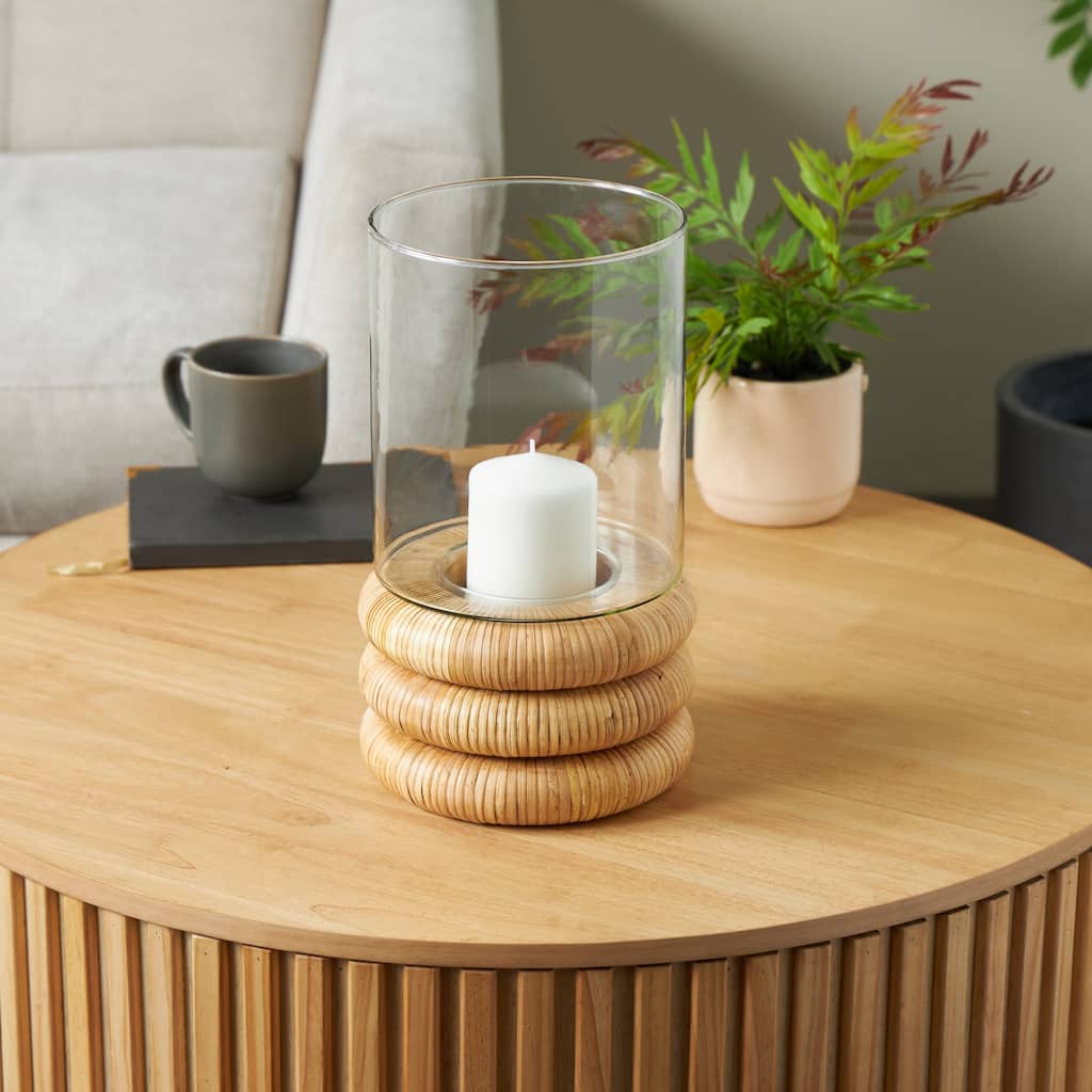 Clear Glass Round Room Hurricane Lamp with Light Brown Woven Base - 8"W x 8"L x 13"H