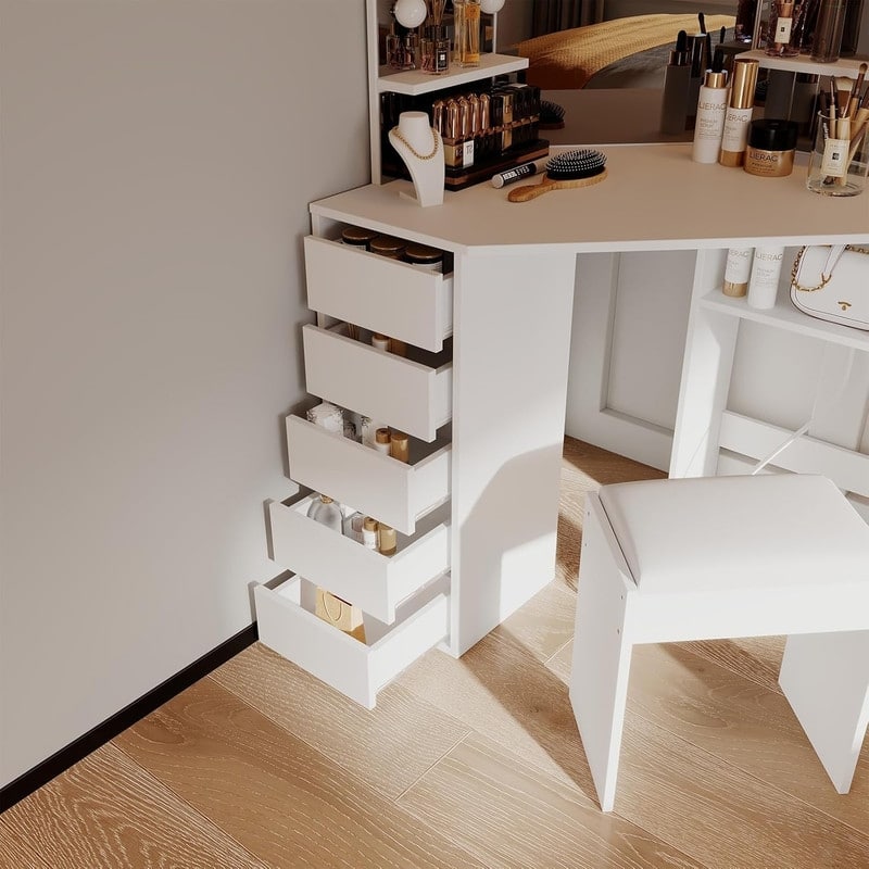 Corner Vanity Desk with Lighted Mirror and Stool, 5 Drawers, Charging Station