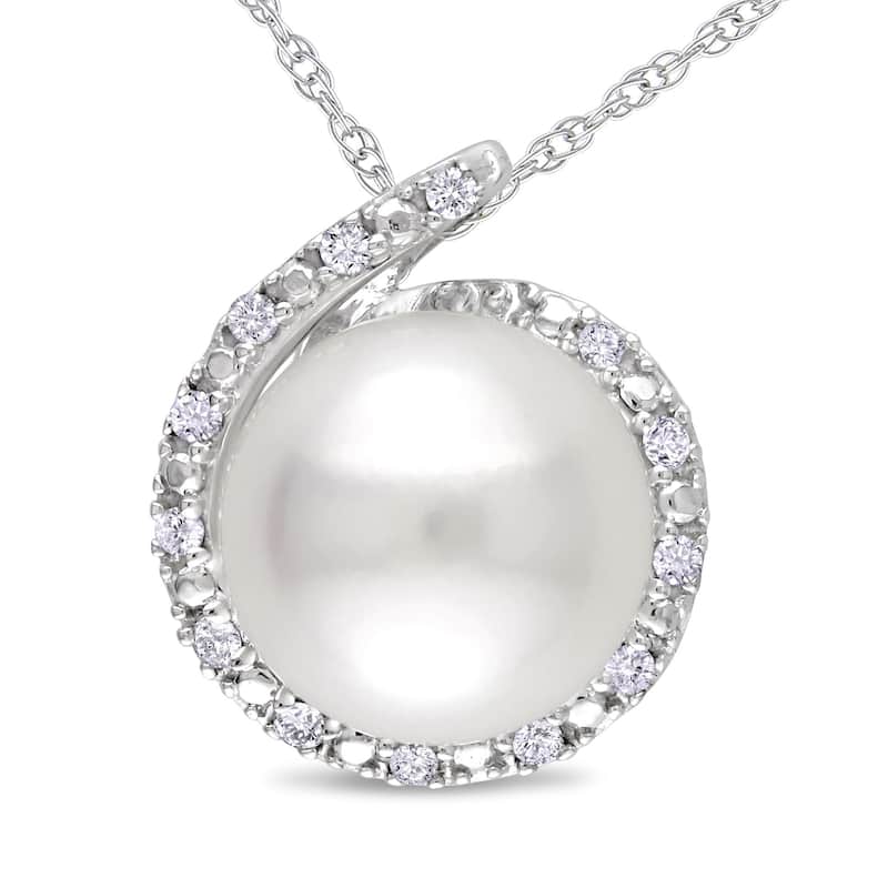 8-8.5 MM Cultured FW Pearl and Diamond Loop Halo Necklace in 10k White Gold by Miadora - 13.3 mm x 17 inch x 12 mm