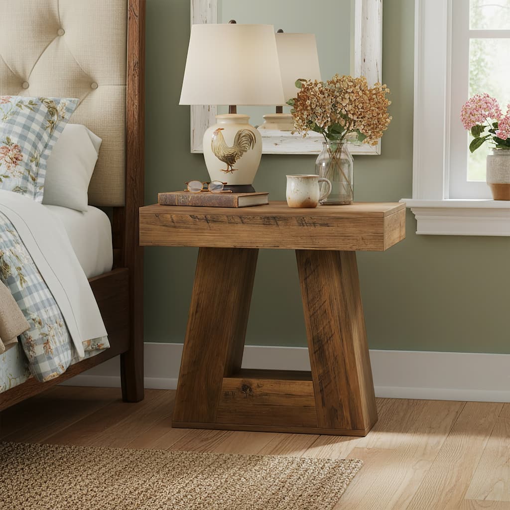 2-Tier Modern Nightstand with Trapezoid Base, Wood-Grain Bedside Table