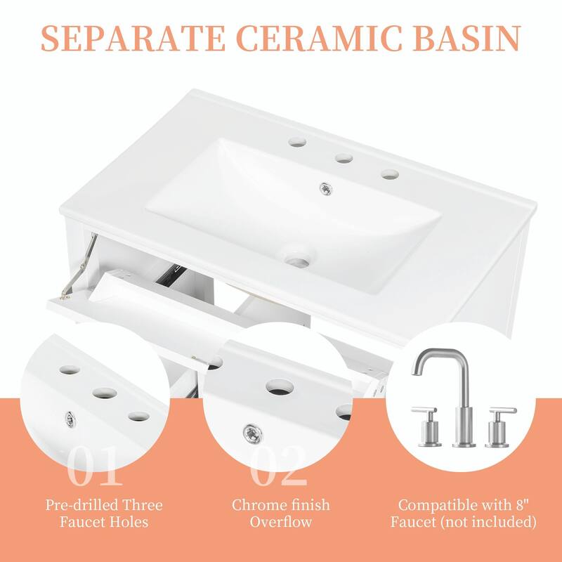 Bathroom Vanity with Sink, Modern MDF and Rubberwood Cabinet with 3 Drawers and Adjustable Shelf