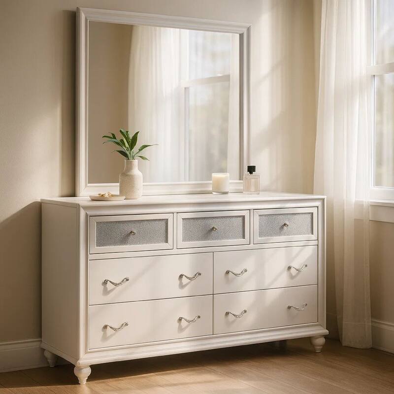 Dini Wide Dresser with Mirror, Glitter-Accented 7 Drawers, White Wood