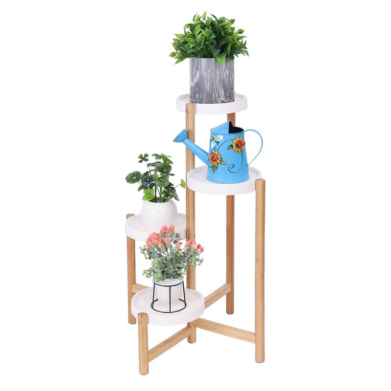 4-Tier Bamboo Plant Stand Flower Succulents Potted with Round White Shelf